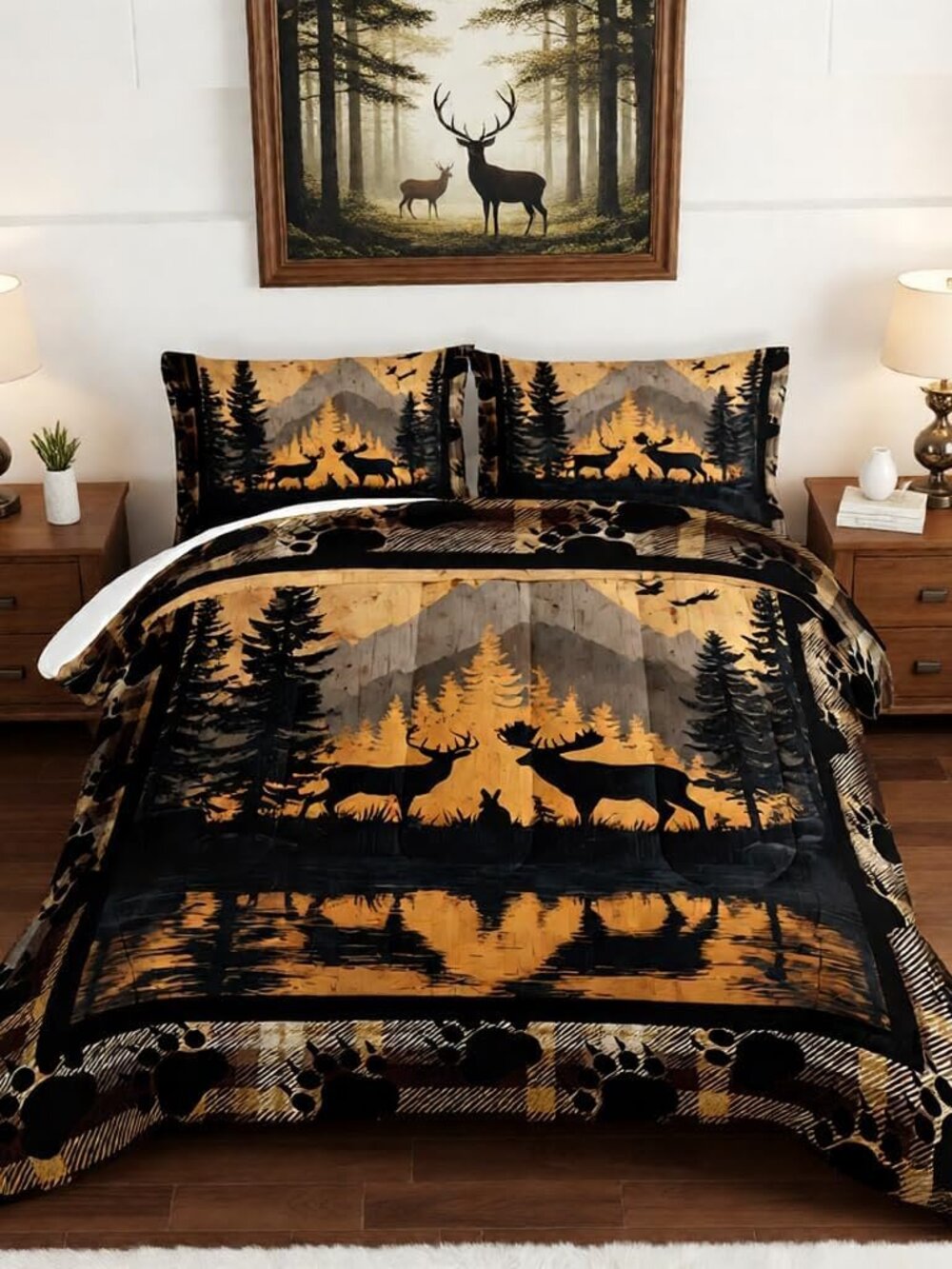 Retro Rustic Farmhouse Bedding Sets Queen Size,Hunting Themed Deer Bear Comforte